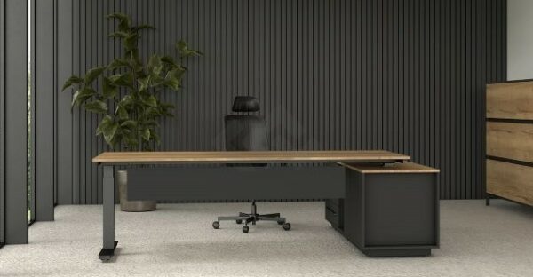 Luxe elektrisch verstelbare bureautafel met ladekast in een zwarte kleur met houten tafelblad